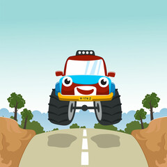 Vector illustration of monster truck with cartoon style. Can be used for t-shirt print, kids wear, invitation card. fabric, textile, nursery wallpaper, poster and other decoration. © Hijaznahwani