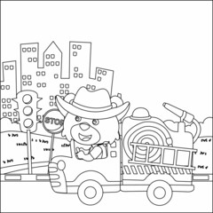Obraz na płótnie Canvas Fire rescue team with funny firefighter, vector cartoon, Cartoon isolated vector illustration, Creative vector Childish design for kids activity colouring book or page.