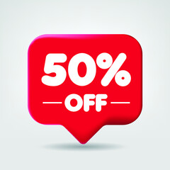 Sale of special offers. Discount with the price 50 OFF percentage. An ad with a red label for a day-of-purchase retail advertising campaign. 3D vector illustration.