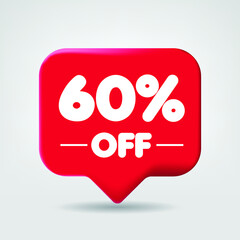 Sale of special offers. Discount with the price 60 OFF percentage. An ad with a red label for a day-of-purchase retail advertising campaign. 3D vector illustration.