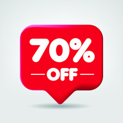 Sale of special offers. Discount with the price 70 OFF percentage. An ad with a red label for a day-of-purchase retail advertising campaign. 3D vector illustration.
