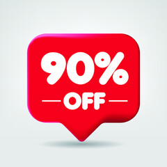 Sale of special offers. Discount with the price 90 OFF percentage. An ad with a red label for a day-of-purchase retail advertising campaign. 3D vector illustration.