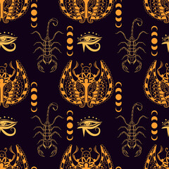Seamless egyptian pattern of scarab with scorpion, moon. Alchemy and astrology vibes. - obrazy, fototapety, plakaty
