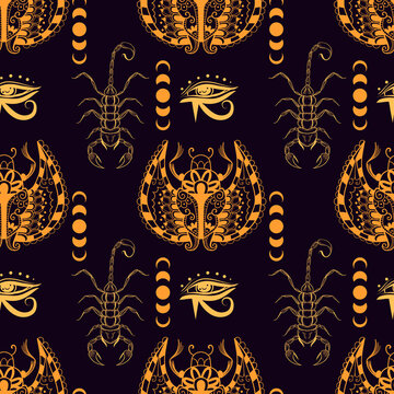 Seamless egyptian pattern of scarab with scorpion, moon. Alchemy and astrology vibes.