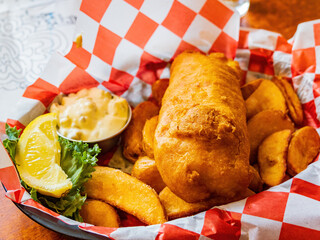 Close up shot of deep fried fish and chips