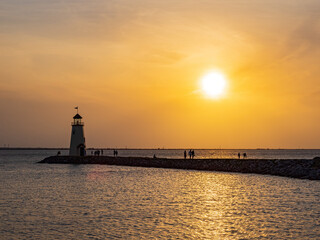 Sunset view of the lighthouse of Lake Hefner