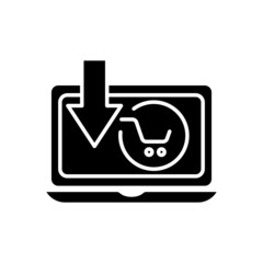 Laptop icon vector with shopping cart and download. suitable for online shop icon, online store, buy online. Solid icon style, glyph. Simple design illustration editable