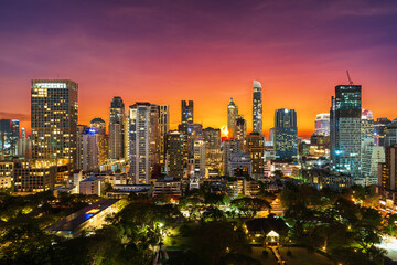 Fototapeta na wymiar buildings cityscape near Witthayu road with sunset at twilight in Bangkok city, Thailand