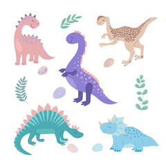 Set of cliparts with cute colored dinosaurs in cartoon style. Tyrannosaurus, diplodocus, triceratops, pterodactyl.