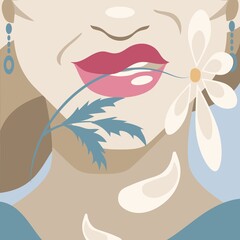 Fototapeta na wymiar Vector illustration of young woman holding a daisy flower in her teeth. Modern flat style
