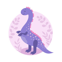 Cute cartoon dinosaur character for kids on a background of leaves. Vector illustration.