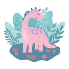 Cute cartoon dinosaur character for kids on a background of leaves. Vector illustration.