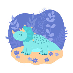 Cute cartoon dinosaur character for kids on a background of leaves. Vector illustration.