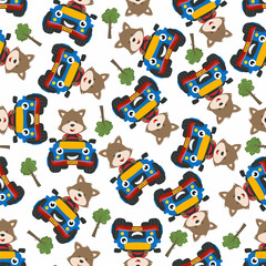 Obraz premium Seamless pattern vector of cute little fox driving monster truck. Creative vector childish background for fabric textile, nursery background, baby clothes, poster, wrapping paper and other decoration.
