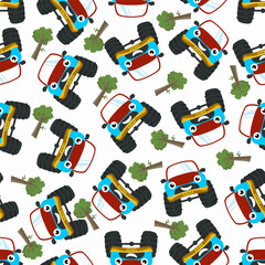Seamless pattern vector of cute monster truck. Creative vector childish background for fabric textile, nursery background, baby clothes, poster, wrapping paper and other decoration.