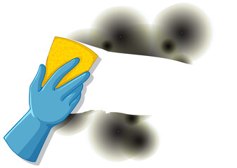 Human hand wearing glove holding sponge for cleaning