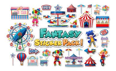 Sticker set of amusement park objects and cartoon characters