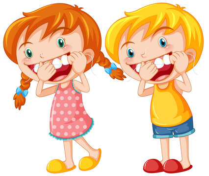 Cute kids cartoon character flossing teeth