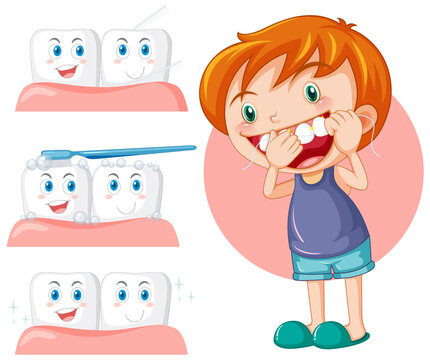 Cute boy cartoon character flossing teeth
