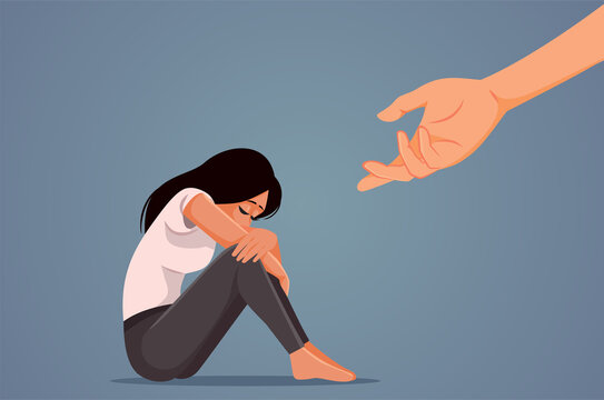 Depressed Woman Being Offered a Helping Have Vector Concept Illustration. Sad young victim finding help and solidarity in psychotherapy
