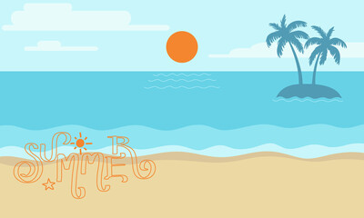 Fototapeta na wymiar Summer beach background, sky, sun, sea, coconut trees and white sand beach. Vector design illustration.