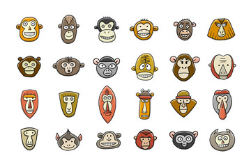 Funny monkey faces, icon collection. Sketch for your design. Childish style © Kudryashka