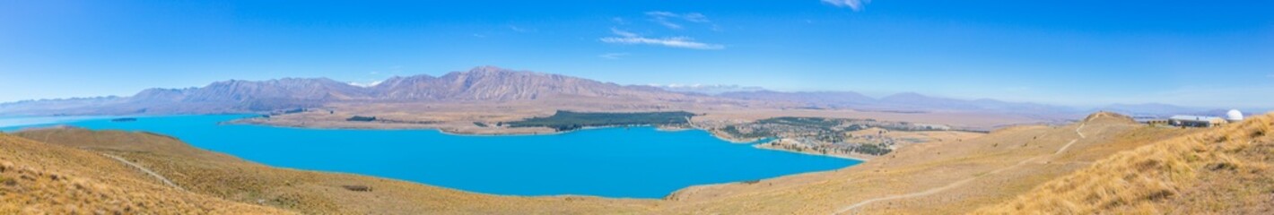 Panorama of view Lake Pukaki and Mount Cook at South Island New Zealand, summertime	
