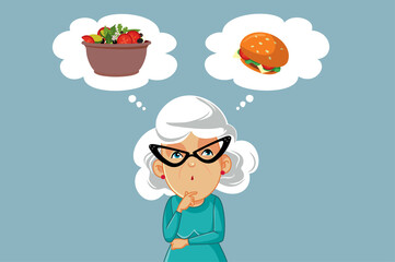 Senior Old Woman Thinking What to Eat Vector Cartoon Illustration. Granny trying to eat healthy craving for junk food caloric meal
