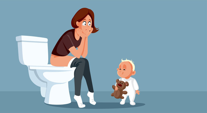 Mother Sitting on the Toilet Followed by her Baby Vector Cartoon. Stressed mom unable to get privacy in the bathroom being a single parent
