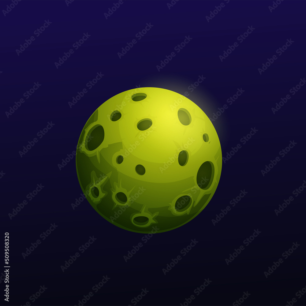 Poster cartoon dark green space planet with holes. vector star of alien world universe, space game ui or gu