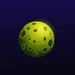 Cartoon dark green space planet with holes. Vector star of alien world universe, space game ui or gui design. Fantasy galaxy planet on dark sky background with craters and shining surface