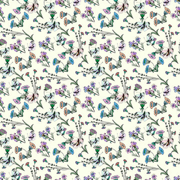 Spring Vector seamless floral doodle pattern, outlines of a set of flowers with a black line, sketch for design wallpaper, fabric illustration hand-drawn pastel colors painted light background