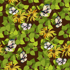Vector seamless pattern for design of fabric, wallpaper. Green twig of birch with young leaves, contour cartoon drawing of an escape butterfly yellow flowers spring, summer background dark, contrast