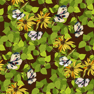 Vector seamless pattern for design of fabric, wallpaper. Green twig of birch with young leaves, contour cartoon drawing of an escape butterfly yellow flowers spring, summer background dark, contrast © Valentina