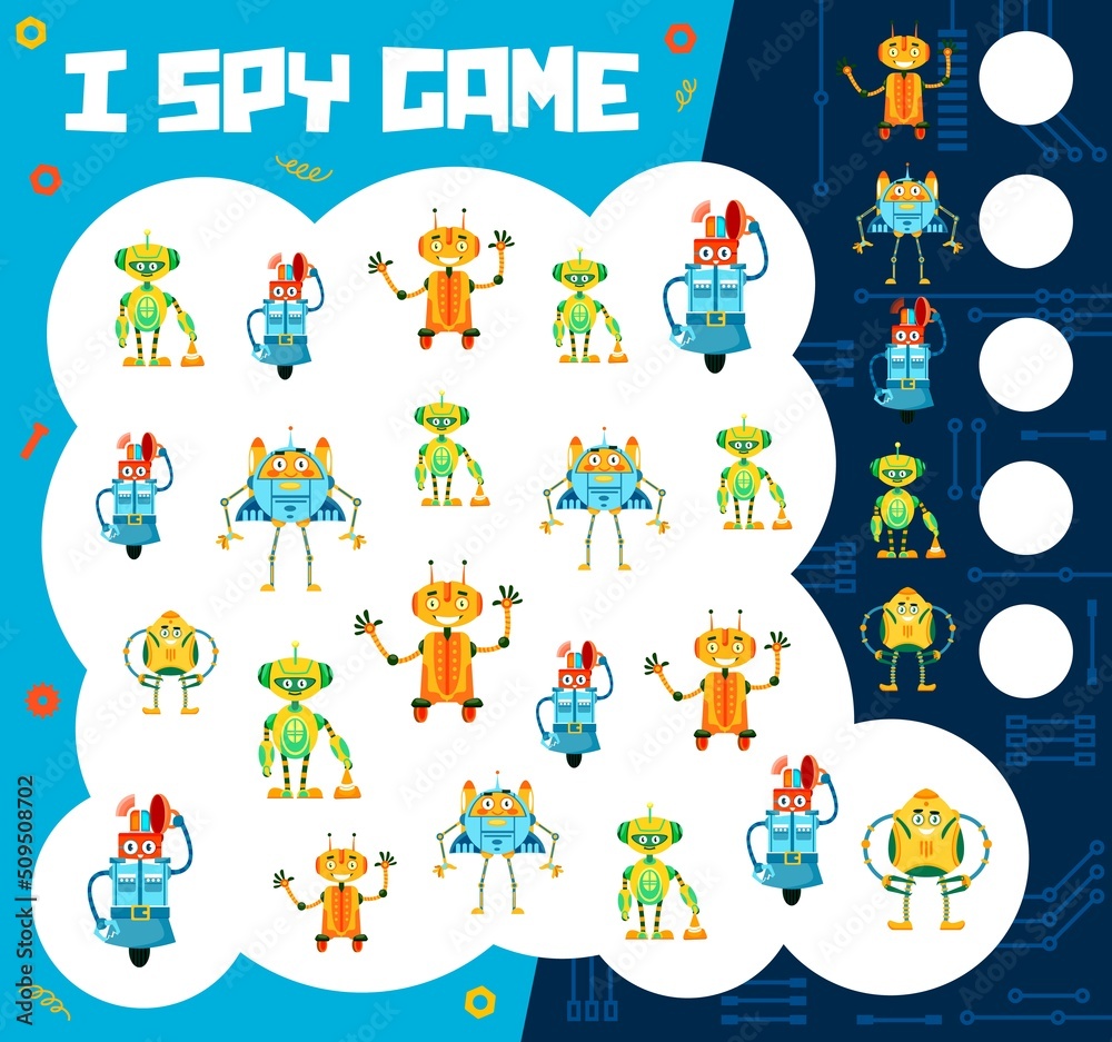 Leinwandbilder cartoon funny robots i spy game worksheet, vector puzzle for kids. tabletop riddle game to find and 