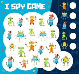 Cartoon funny robots I spy game worksheet, vector puzzle for kids. Tabletop riddle game to find and match funny robot toys, android bots and electronic cyborgs with cogwheels on motherboard