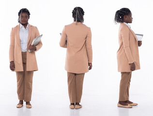 Full length 20s young African American Woman teacher student lawyer, 360 turn front side back rear