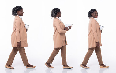 Full length 20s young African American Woman teacher student lawyer, walking forward left right