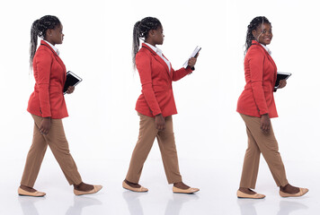Obraz premium Full length 20s young African American Woman Business salesman, walking forward left right step