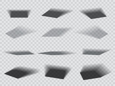 Square rectangle box shadow effects, realistic overlay and vector transparent shadow. Object shades, black and white soft shadow on bottom or floor surface, side light shade effects