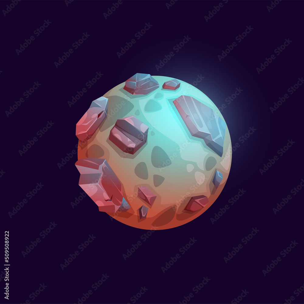 Poster galaxy space planet with volcano and stone surface. alien galaxy fantastic world game design element
