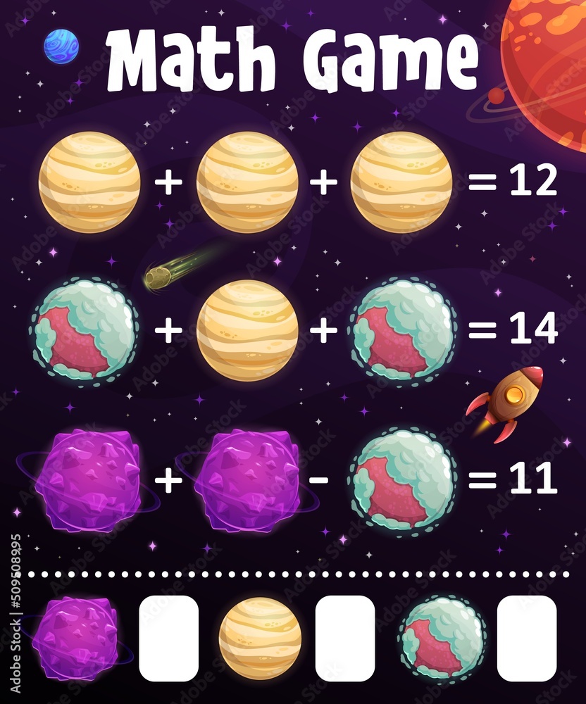 Poster math game worksheet, cartoon space planets education maze. vector puzzle for addition or subtraction