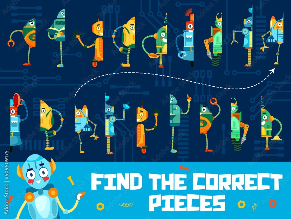 Aufkleber find correct pieces of cartoon funny robots, vector match game or kids puzzle. find similar or same 