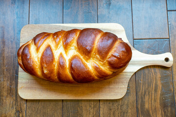 5-Strand Challah Loaf Baked in a Challah Pan which is useful in creating more uniform slices