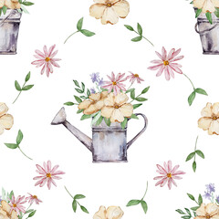 Seamless pattern of watercolor elements garden plants