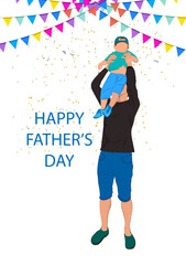 Graphics Father holding the young on hands with festival flag and text happy father's day vector illustration