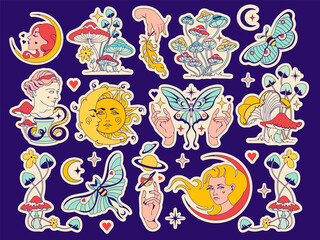 Vintage Celestial magic set of stickers. Isolated badges: crescent moon, sun, boho moth, mushrooms, butterfly. Mysterious alchemy isolated witchcraft. Graphic prints for tee, t shirt.
