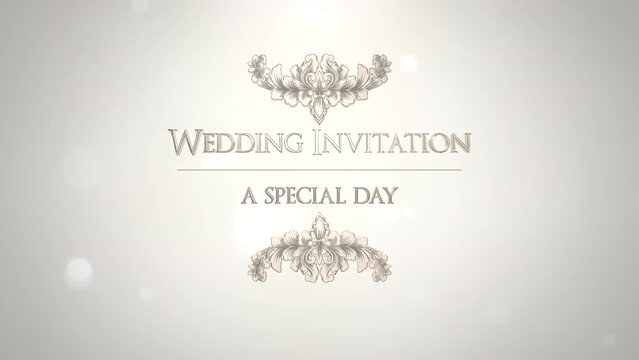 Wedding Invitation with fly gold glitters and vintage flowers, motion holidays, romantic and wedding style background