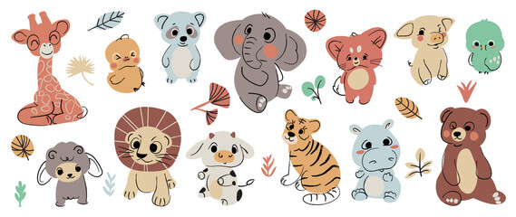 Set of cute animal vector. Friendly baby wild life with lion, elephant, pig, cow, giraffe, tiger in doodle pattern. Adorable funny animal and many characters hand drawn collection on white background.