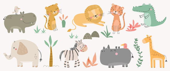 Set of cute animal vector. Friendly wild life with tiger, hippo, zebra, elephant, crocodile in doodle pattern. Adorable funny animal and many characters hand drawn collection on white background. - obrazy, fototapety, plakaty